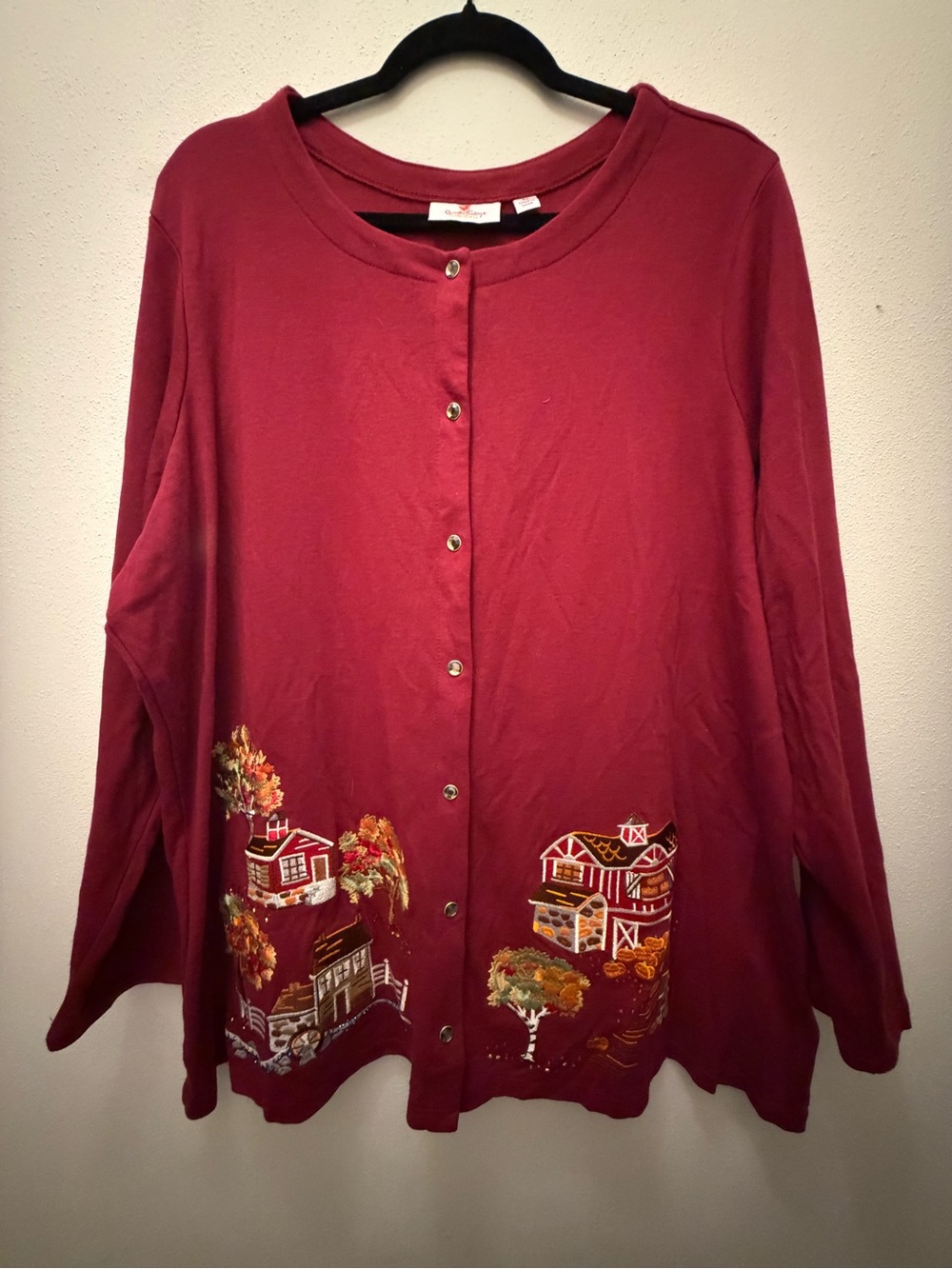 Women’s Burgundy Button-Front Cardigan with Scenic Embroidery